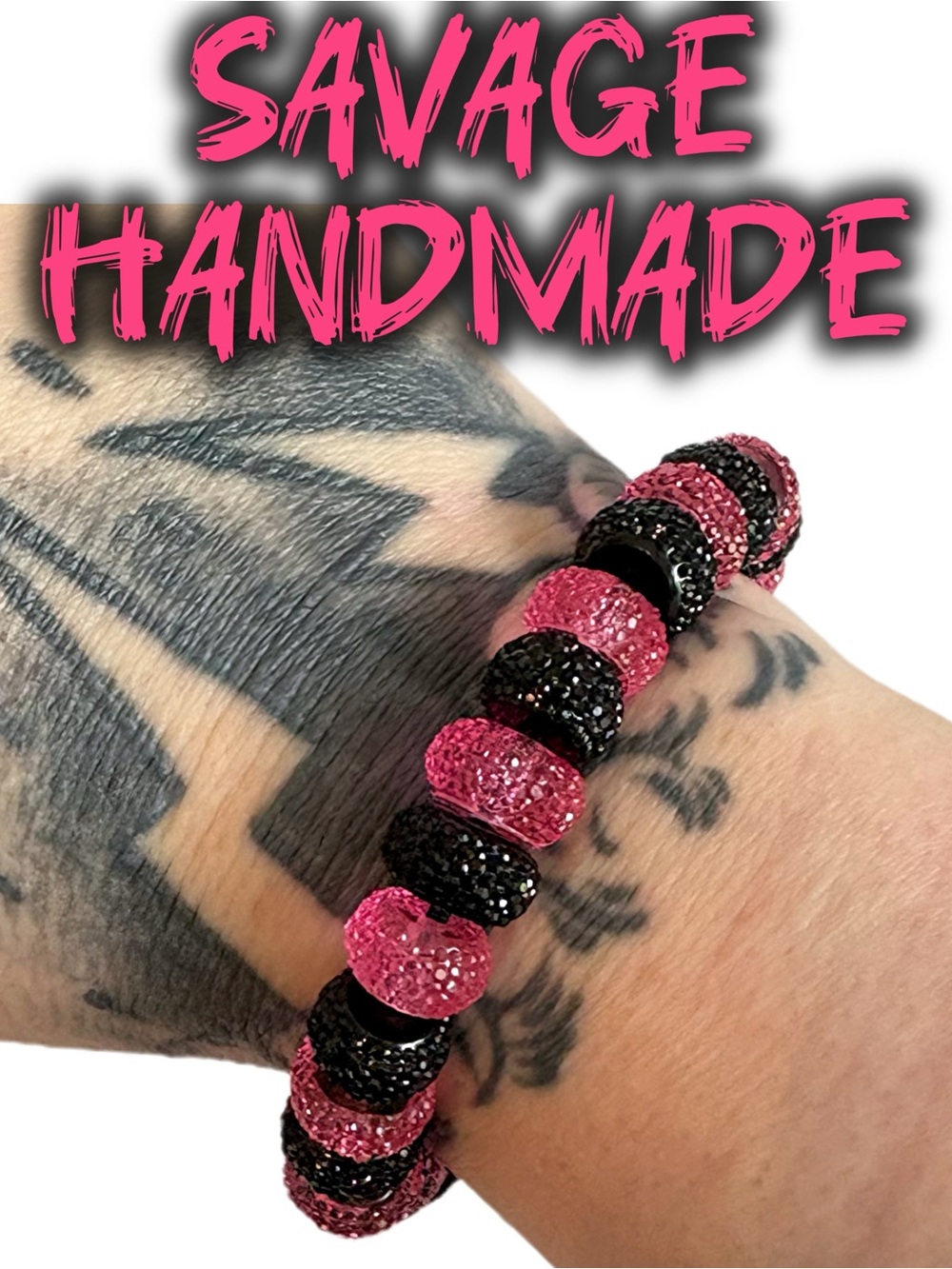 Pink and Black Handmade Stretchy Bead Bracelet
